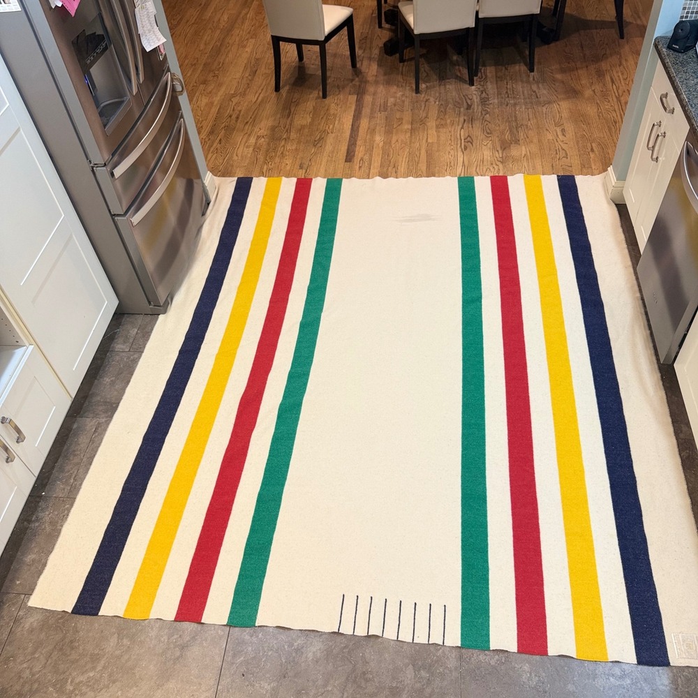 Vintage Hudson's Bay King Size 8 Point Wool Blanket Striped 96x106 England Made